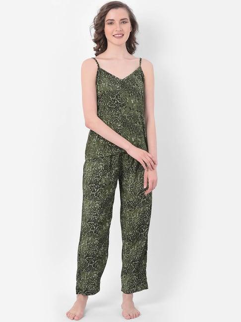 clovia green printed cami top & pyjama set