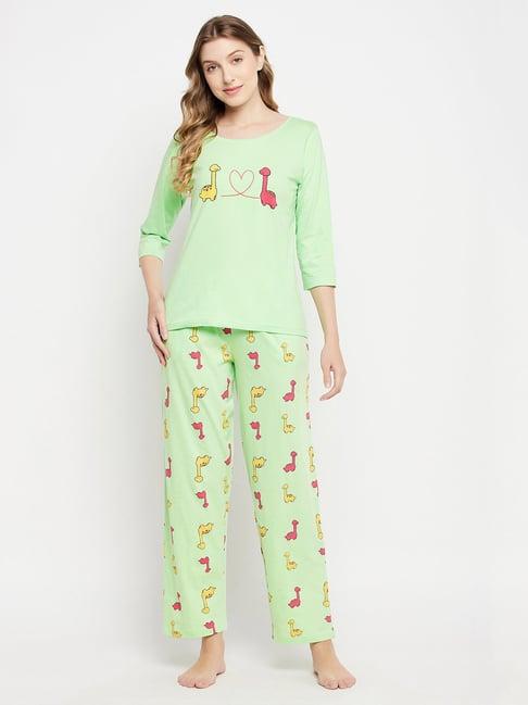 clovia green printed top & pyjama set