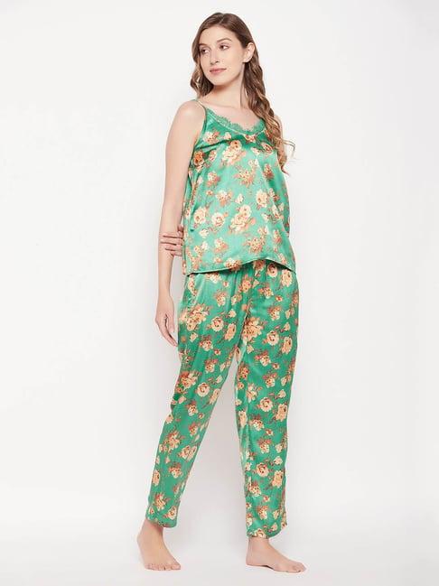 clovia green satin floral print camisole top with pyjamas