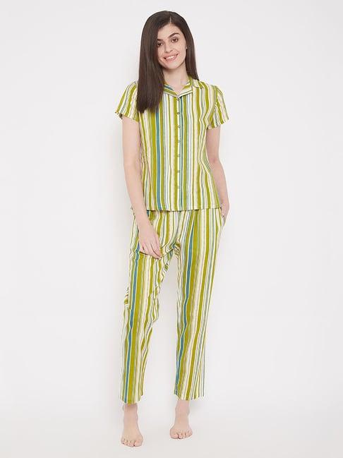 clovia green striped shirt & pyjama set