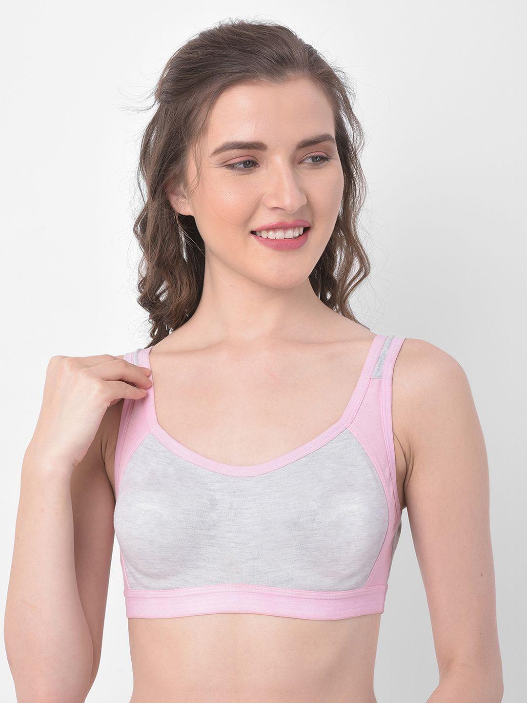 clovia grey & pink colourblocked underwired heavily padded workout bra