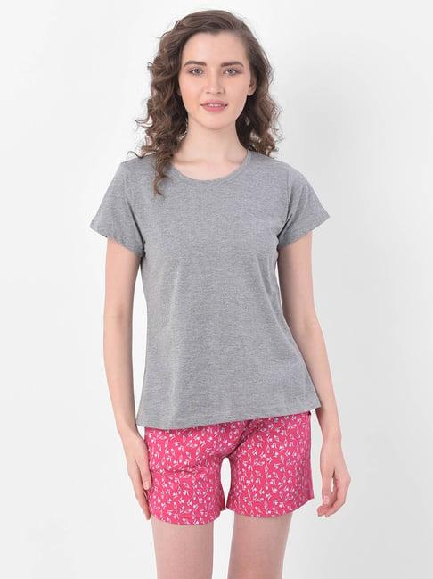clovia grey & pink cotton t-shirt & shorts set