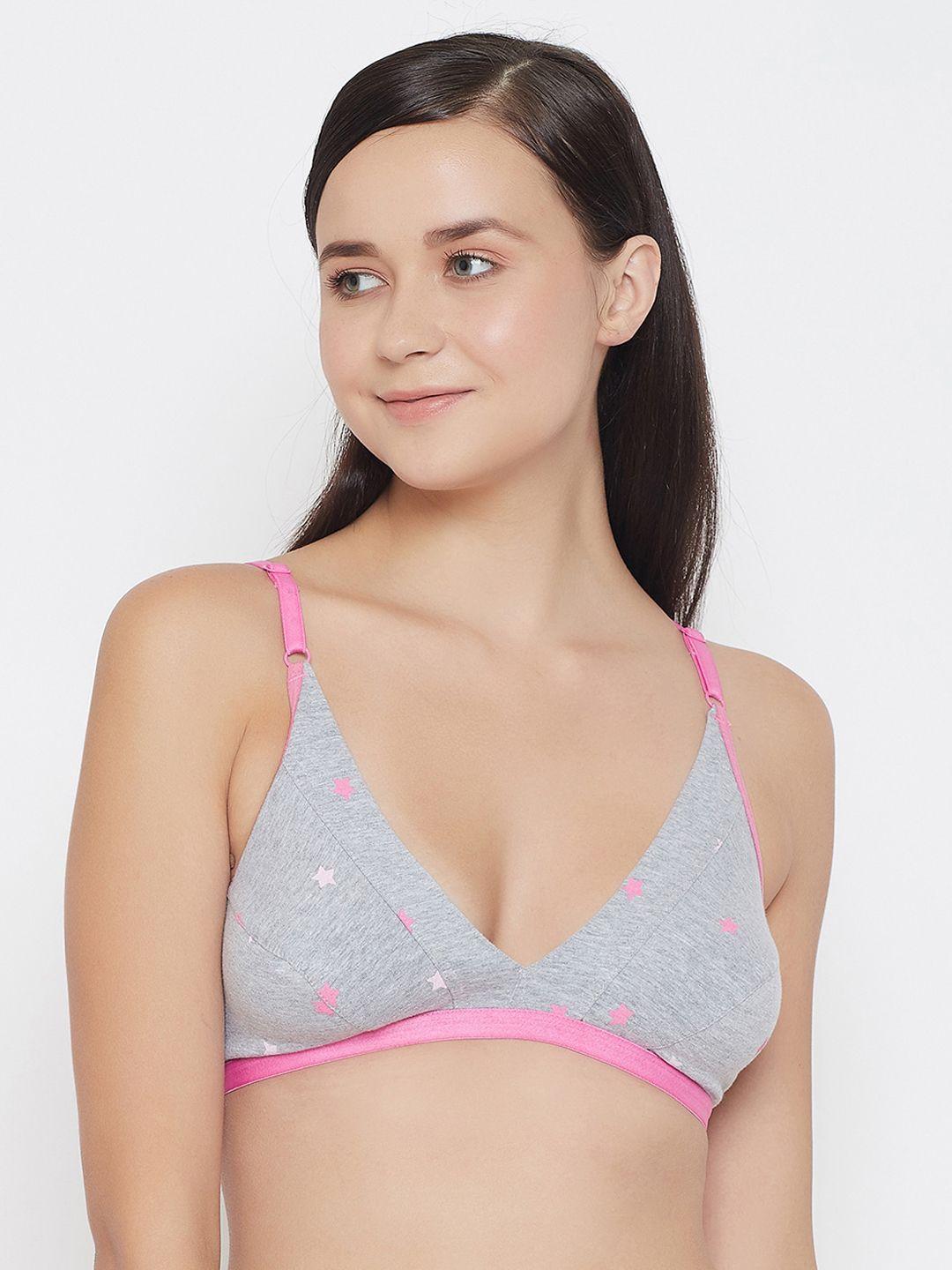 clovia grey & pink printed non-padded non-wired plunge bra br1595i05