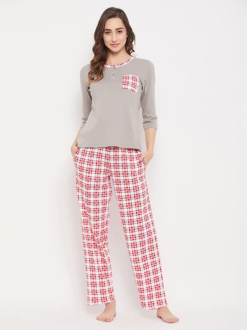 clovia grey & red check cotton top with pyjamas