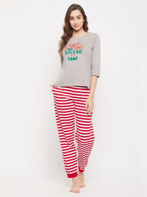 clovia grey & red printed cotton top with joggers