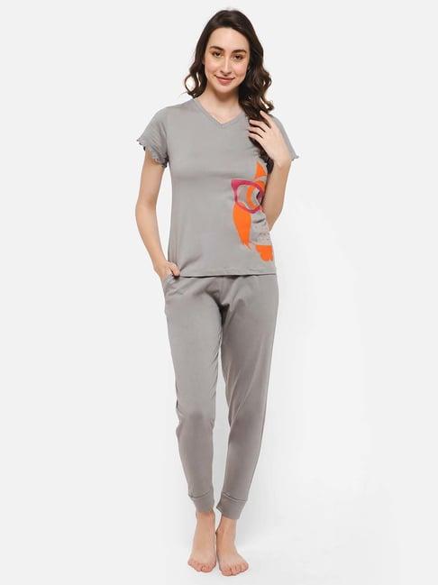 clovia grey cotton printed top pyjamas set