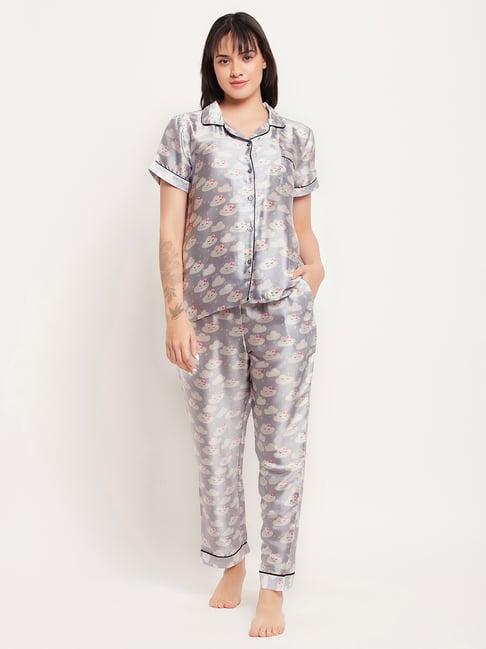 clovia grey printed shirt pyjama set
