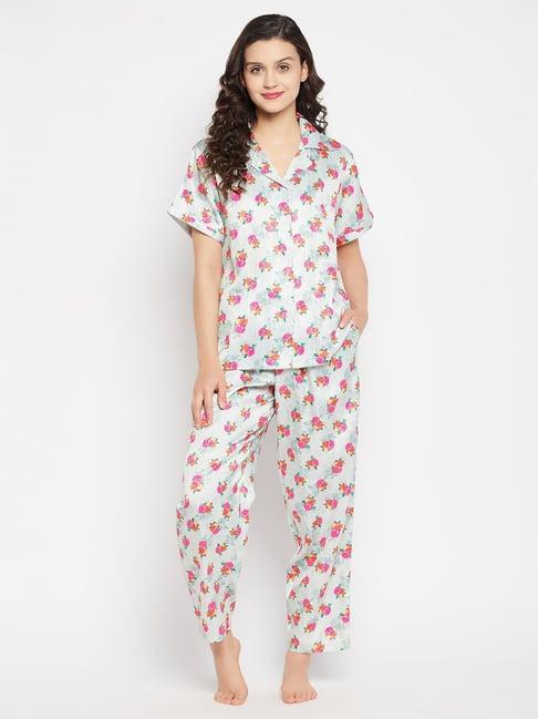 clovia grey printed shirt pyjamas set