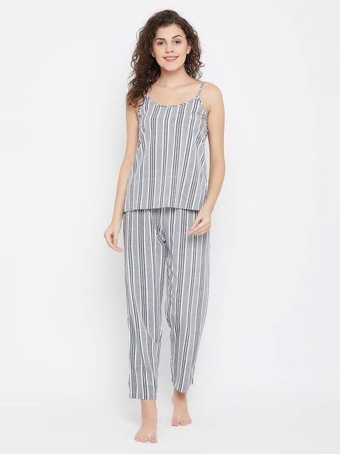 clovia grey striped cami top & pyjama set