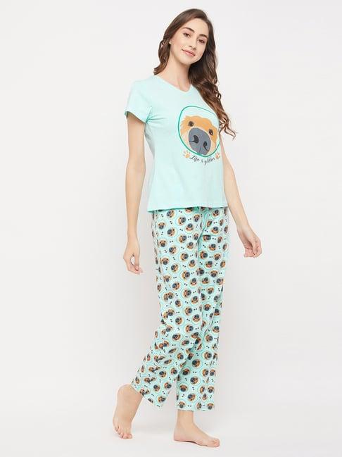 clovia light blue printed cotton t-shirt with pyjamas