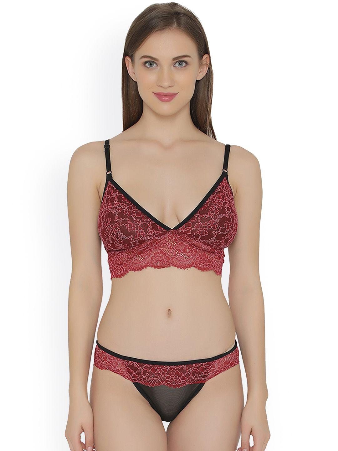 clovia maroon & black lace lingerie set bp0939p0934c