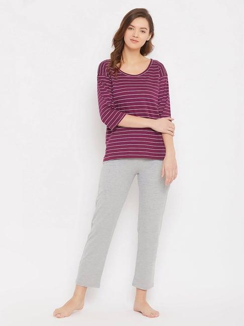clovia maroon & grey striped top with pyjama set