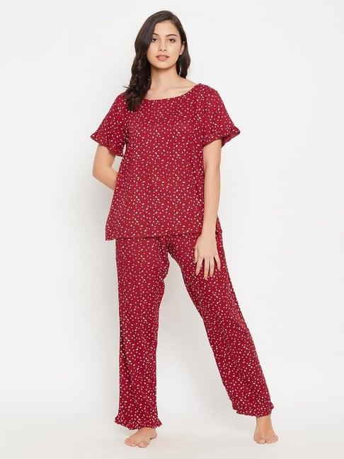 clovia maroon printed pajama set