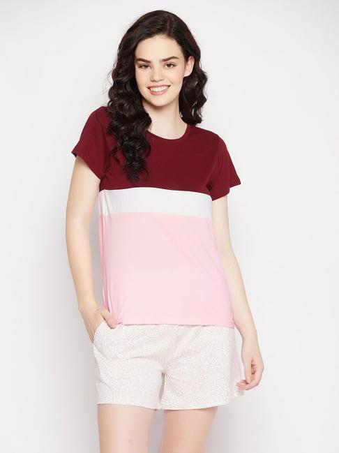 clovia multicolor cotton color-block t-shirt with boxer shorts