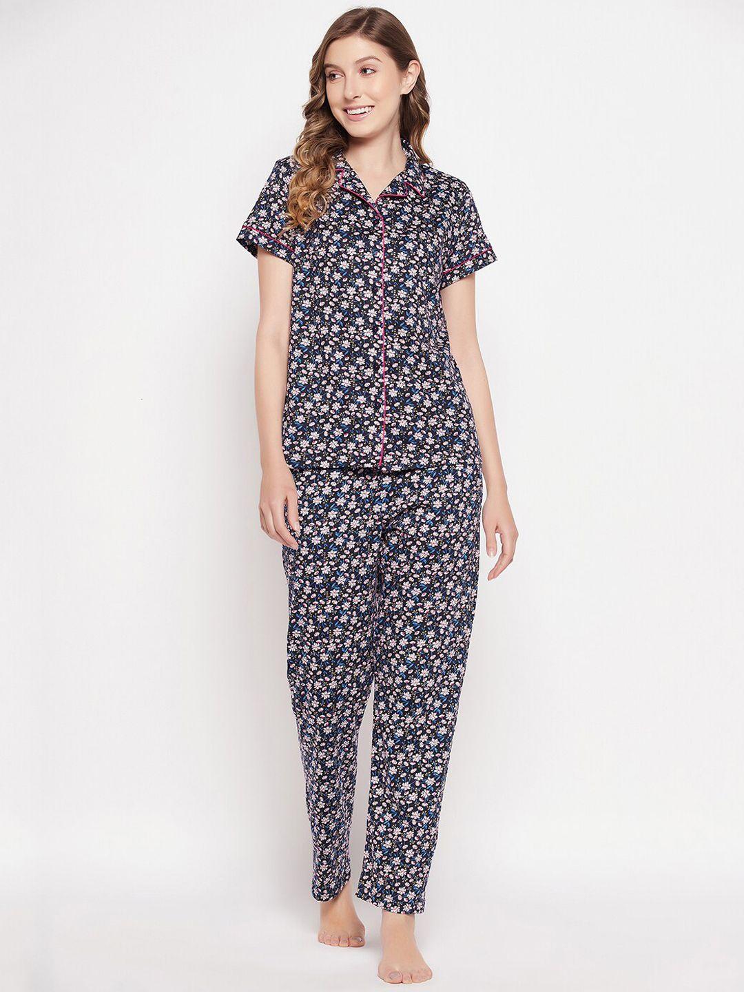 clovia navy blue floral printed pure cotton shirt & pyjamas