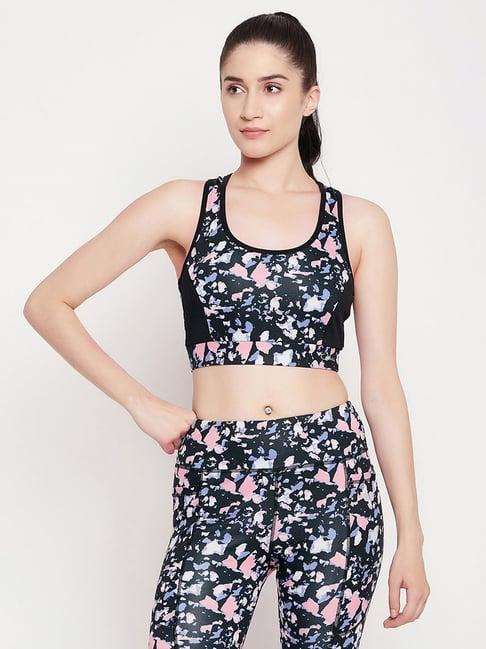 clovia navy polyester printed full coverage racerback sports bra