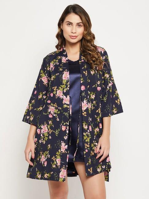 clovia navy printed babydoll with robe