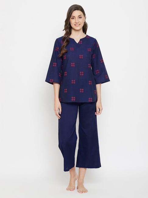 clovia navy printed top with pyjamas