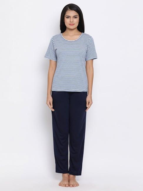 clovia navy striped top & pyjama set