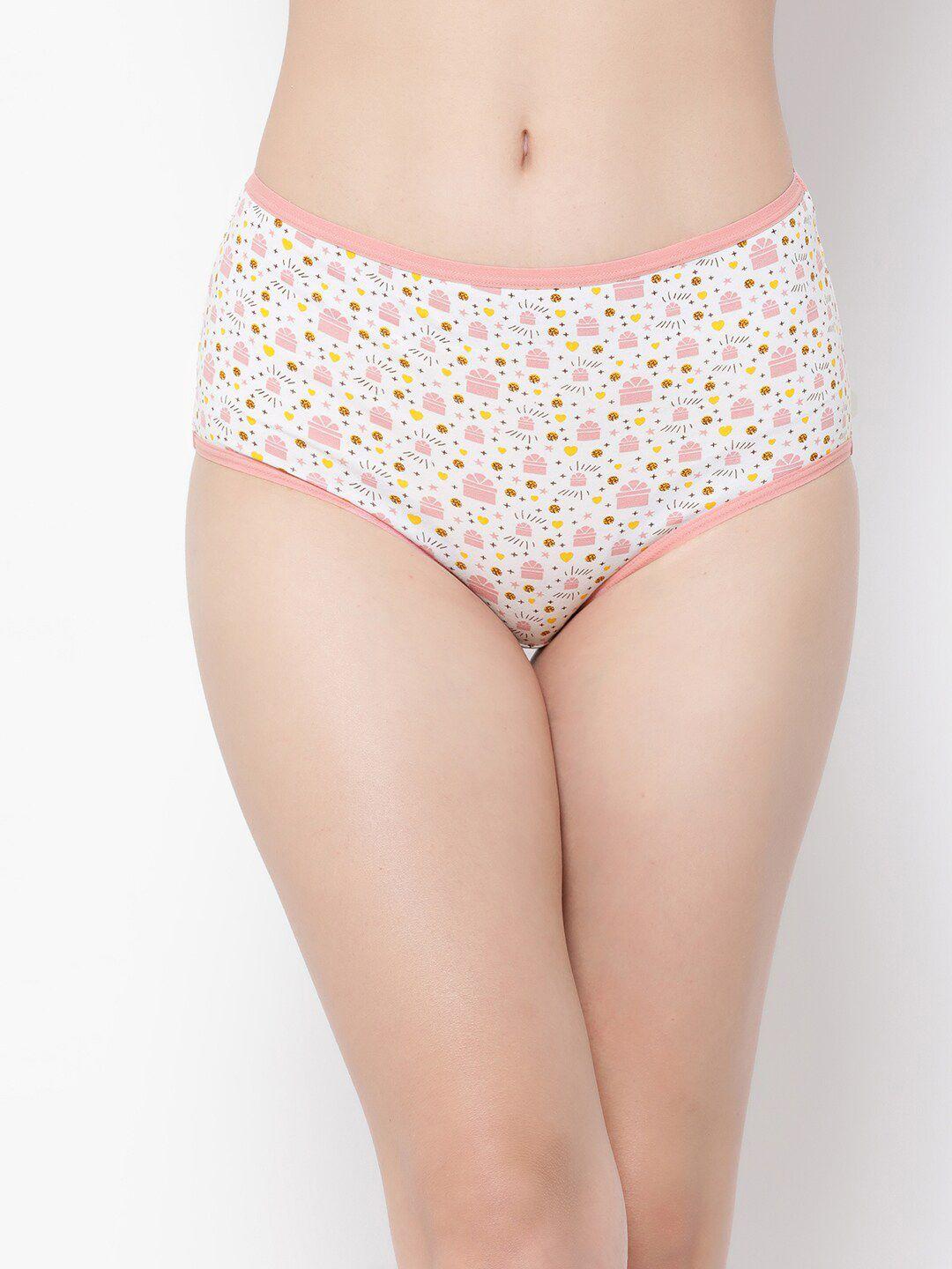 clovia off-white & pink conversational printed high-rise pure cotton hipster briefs