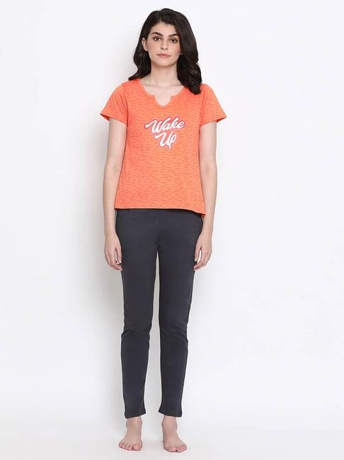 clovia orange & grey graphic print top & pyjama set
