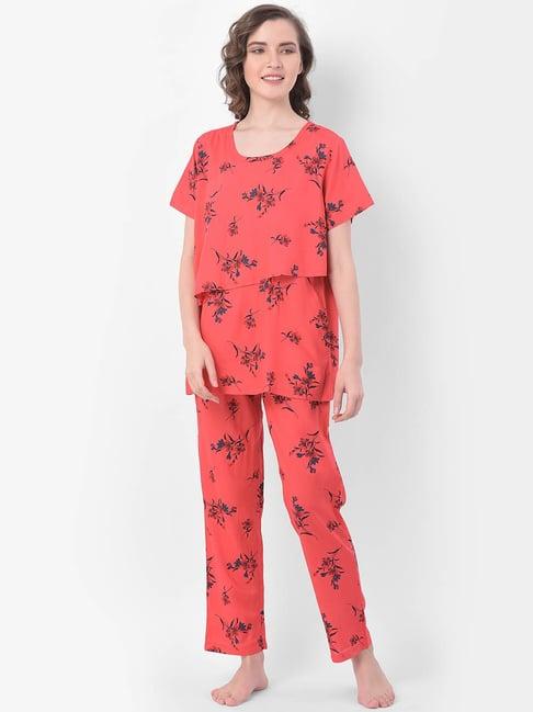 clovia orange floral print top & pyjama set