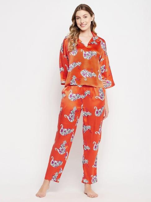 clovia orange printed top & pyjama set