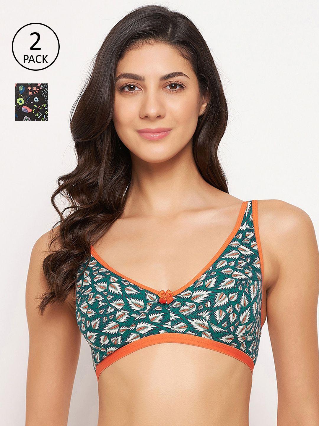 clovia pack of 2 blue & green printed non-padded non-wired cotton bra