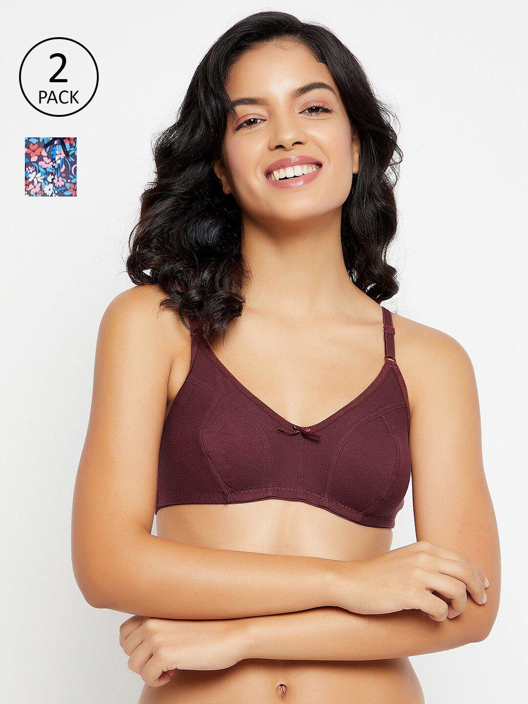 clovia pack of 2 brown & multicoloured floralcotton knitted bra