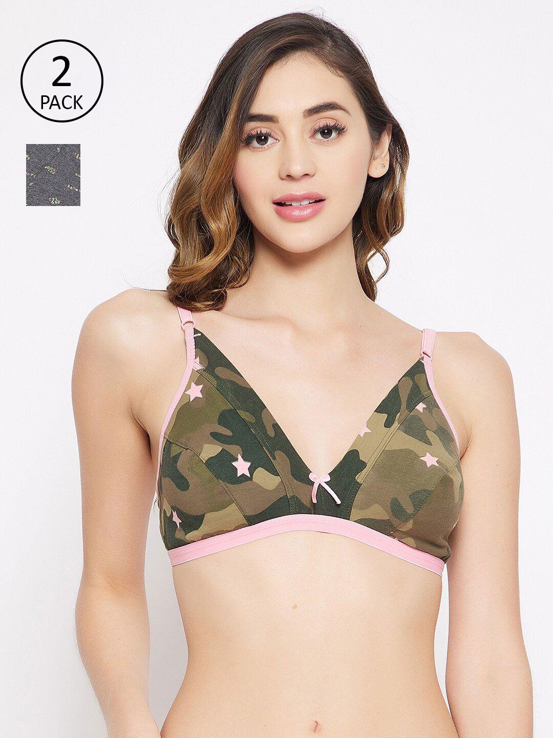 clovia pack of 2 olive green & beige printed cotton bra