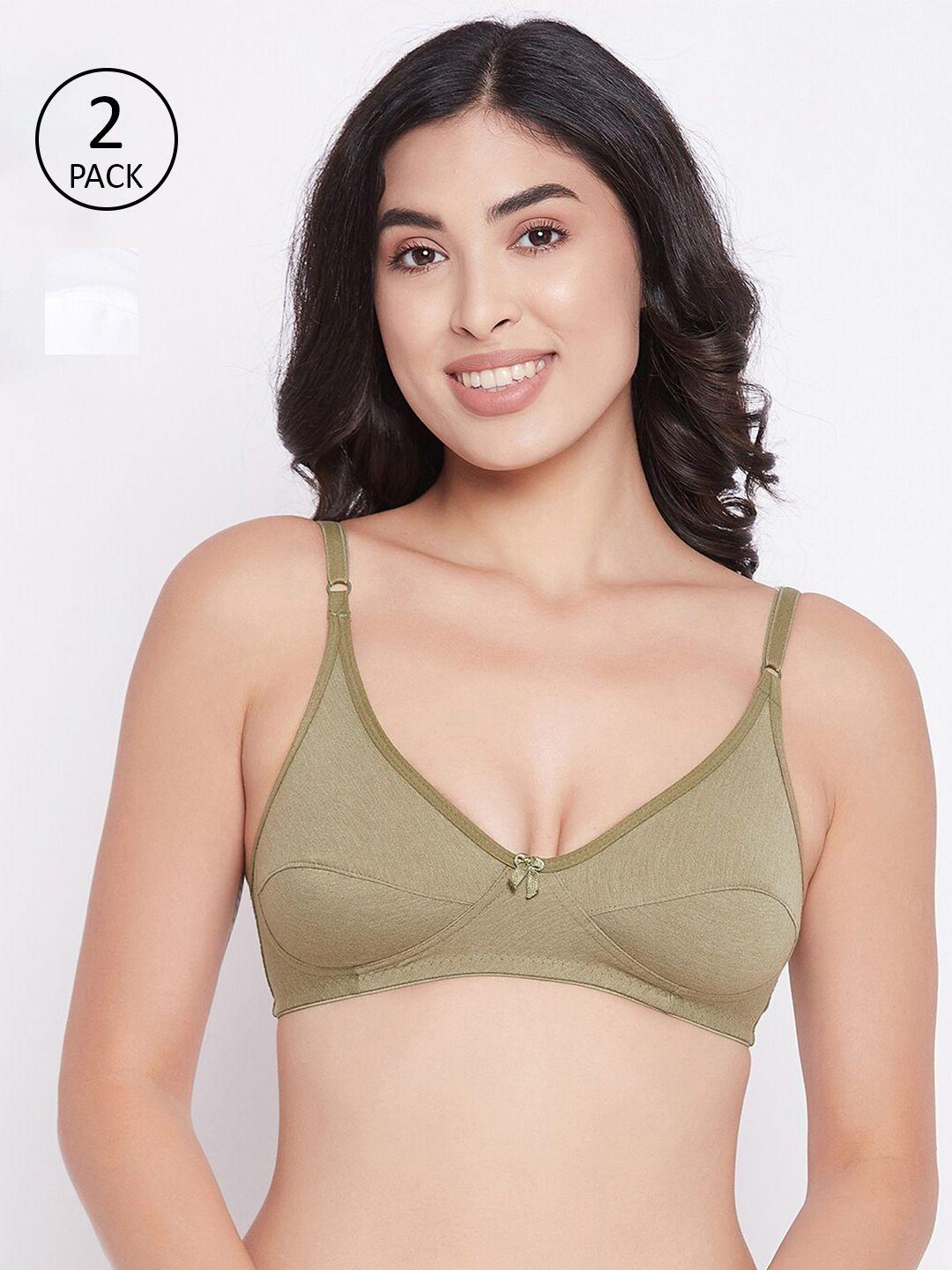 clovia pack of 2 olive green & white cotton everyday bras