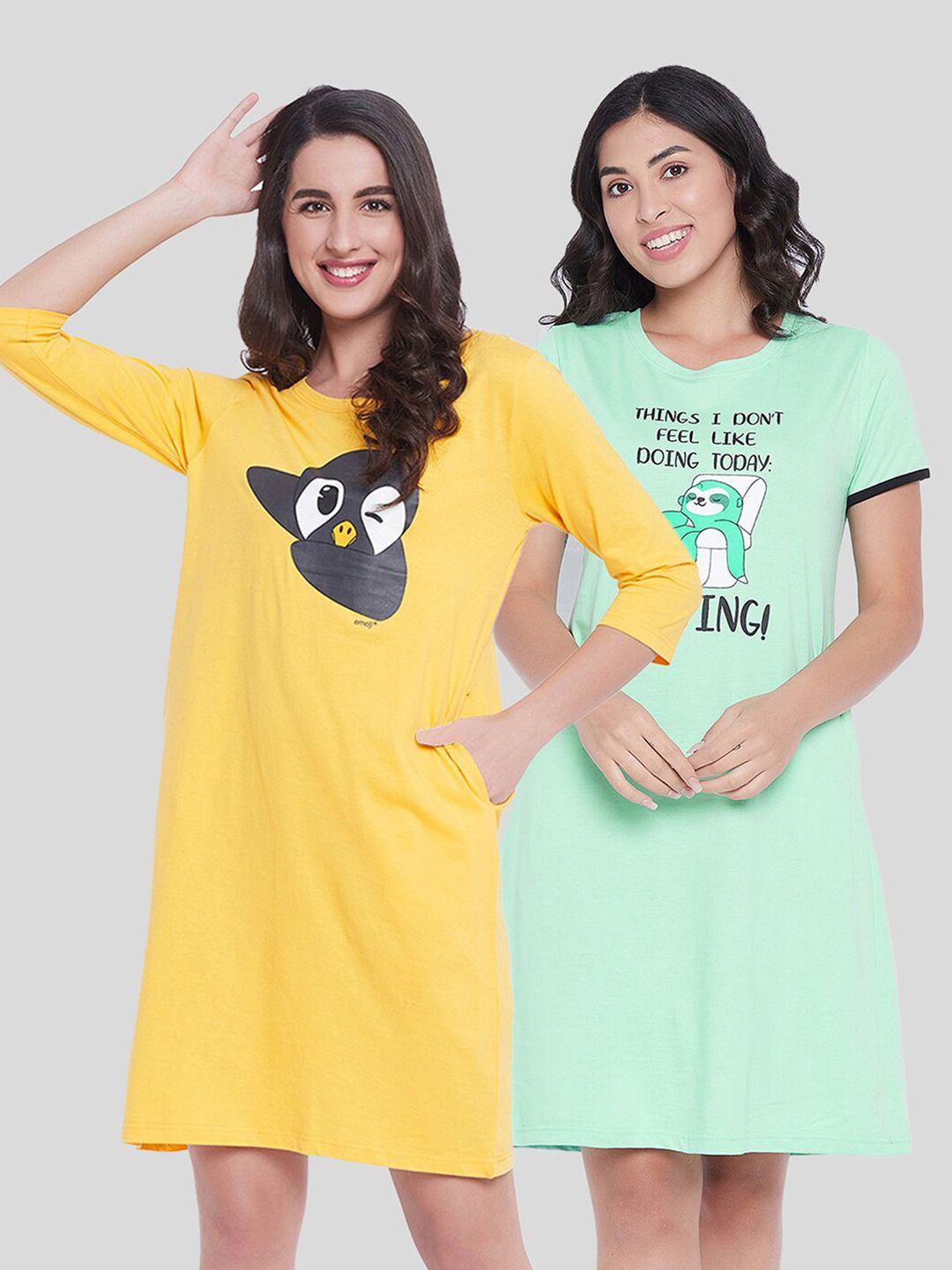 clovia pack of 2 yellow & sea green printed cotton nightdress