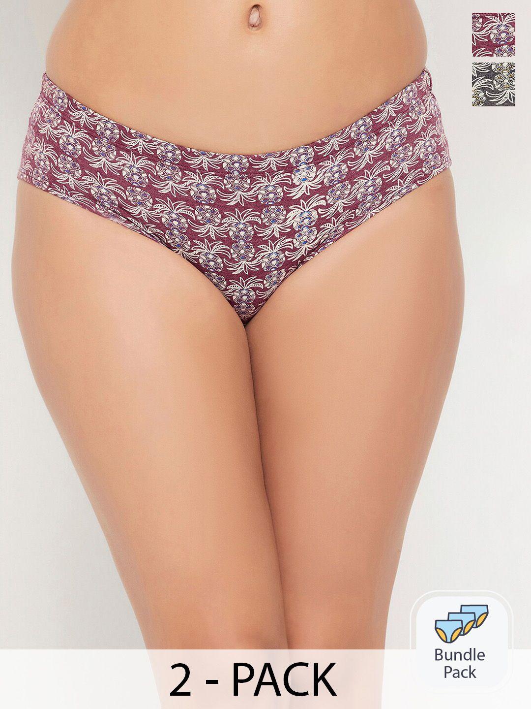 clovia pack of 3 maroon & grey geometric printed pure cotton hipster briefs