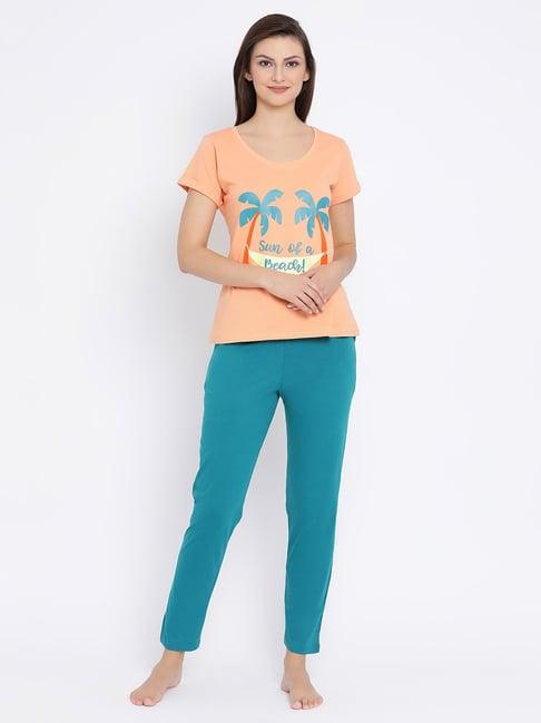 clovia peach & blue printed top & pyjama set