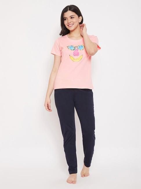 clovia peach & navy printed top with pyjama set