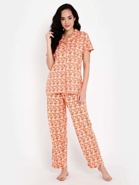 clovia peach cotton floral print shirt & pyjama set