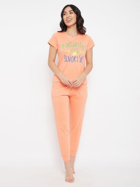 clovia peach cotton graphic print t-shirt with pyjamas