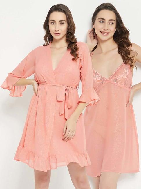 clovia peach v neck short nighty with robe