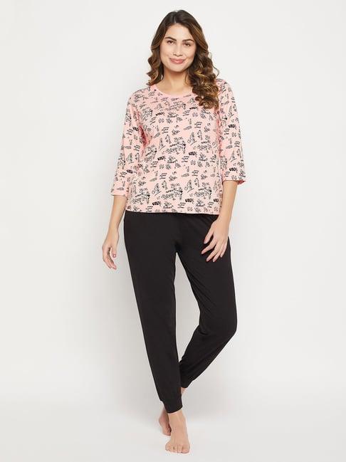 clovia pink & black printed cotton top with joggers