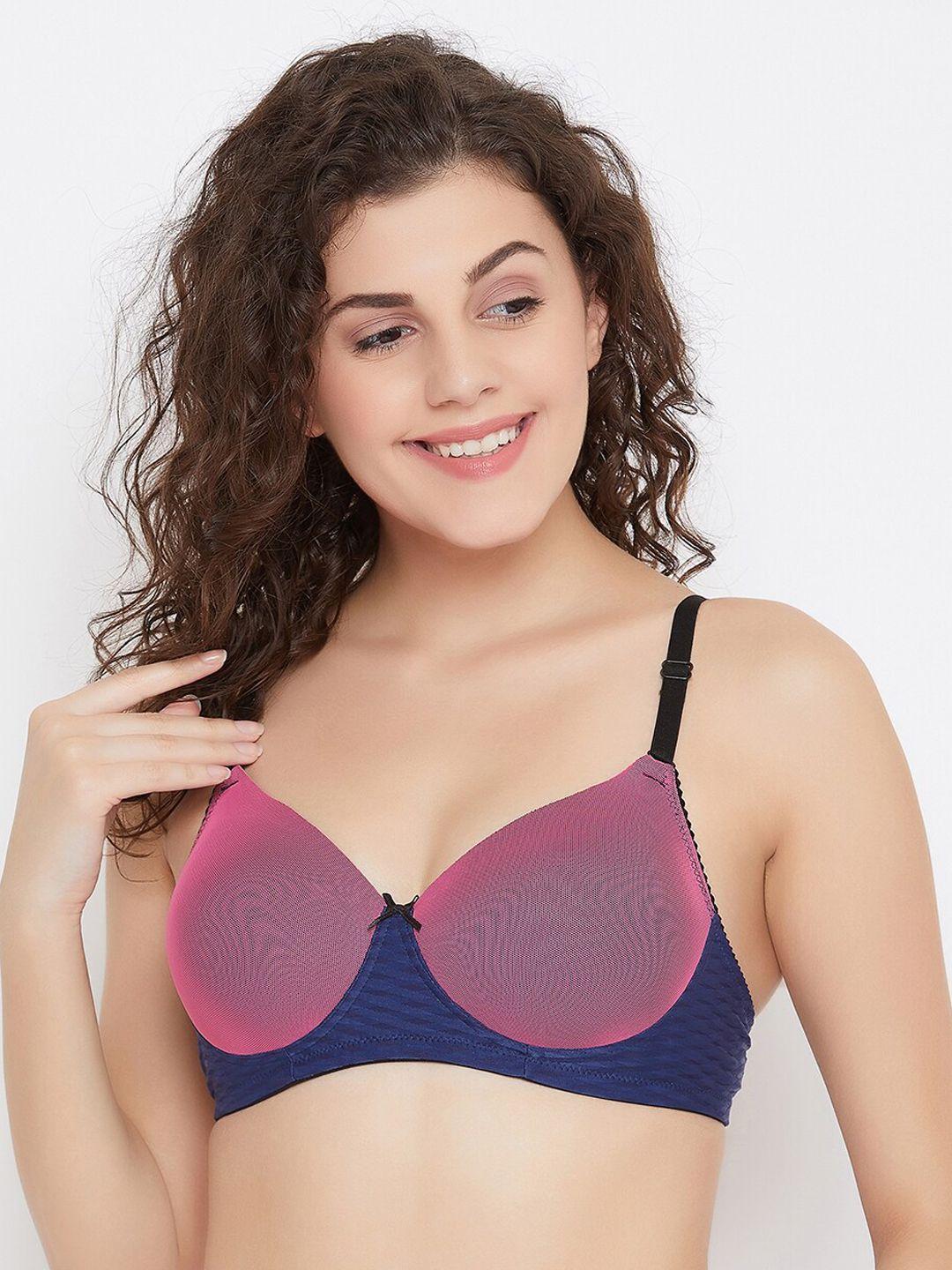 clovia pink & blue colourblocked non-wired lightly padded t-shirt bra br1897y1432b