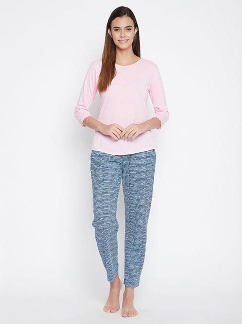 clovia pink & blue cotton top with pyjamas