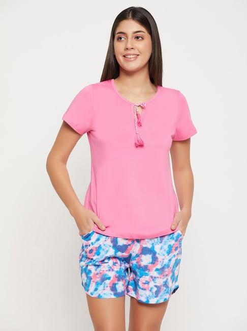 clovia pink & blue printed top with shorts