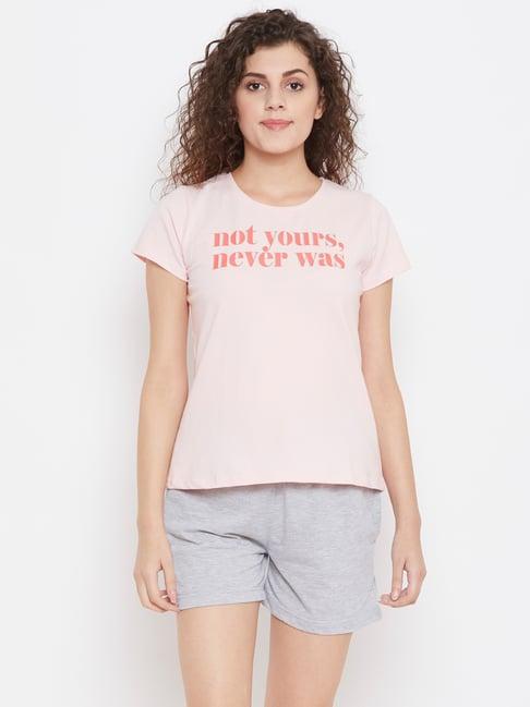 clovia pink & grey printed top & shorts set