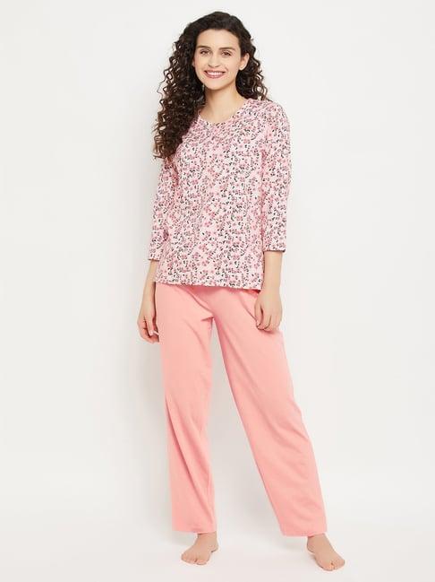 clovia pink & peach cotton printed top pyjamas set