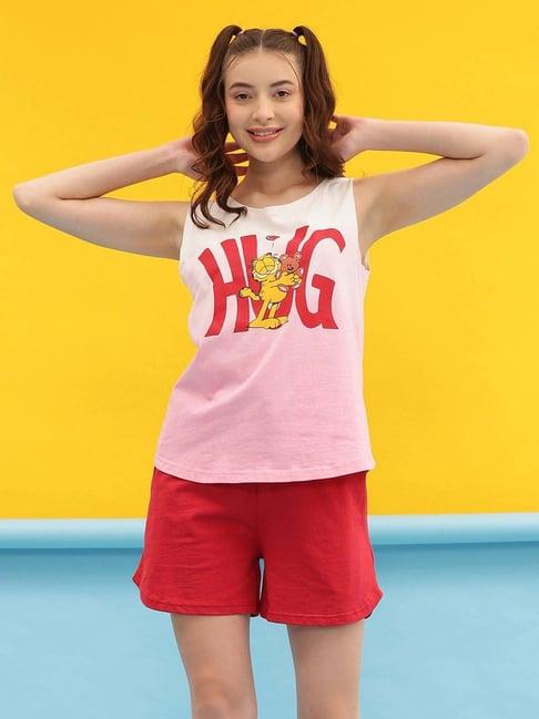 clovia pink & red cotton printed top & shorts set