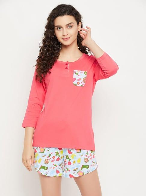 clovia pink & white cotton printed top with shorts