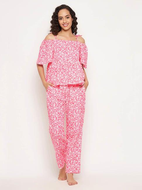 clovia pink & white floral print top with pyjamas