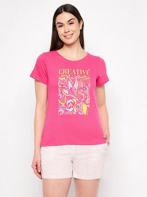clovia pink & white graphic print top with shorts