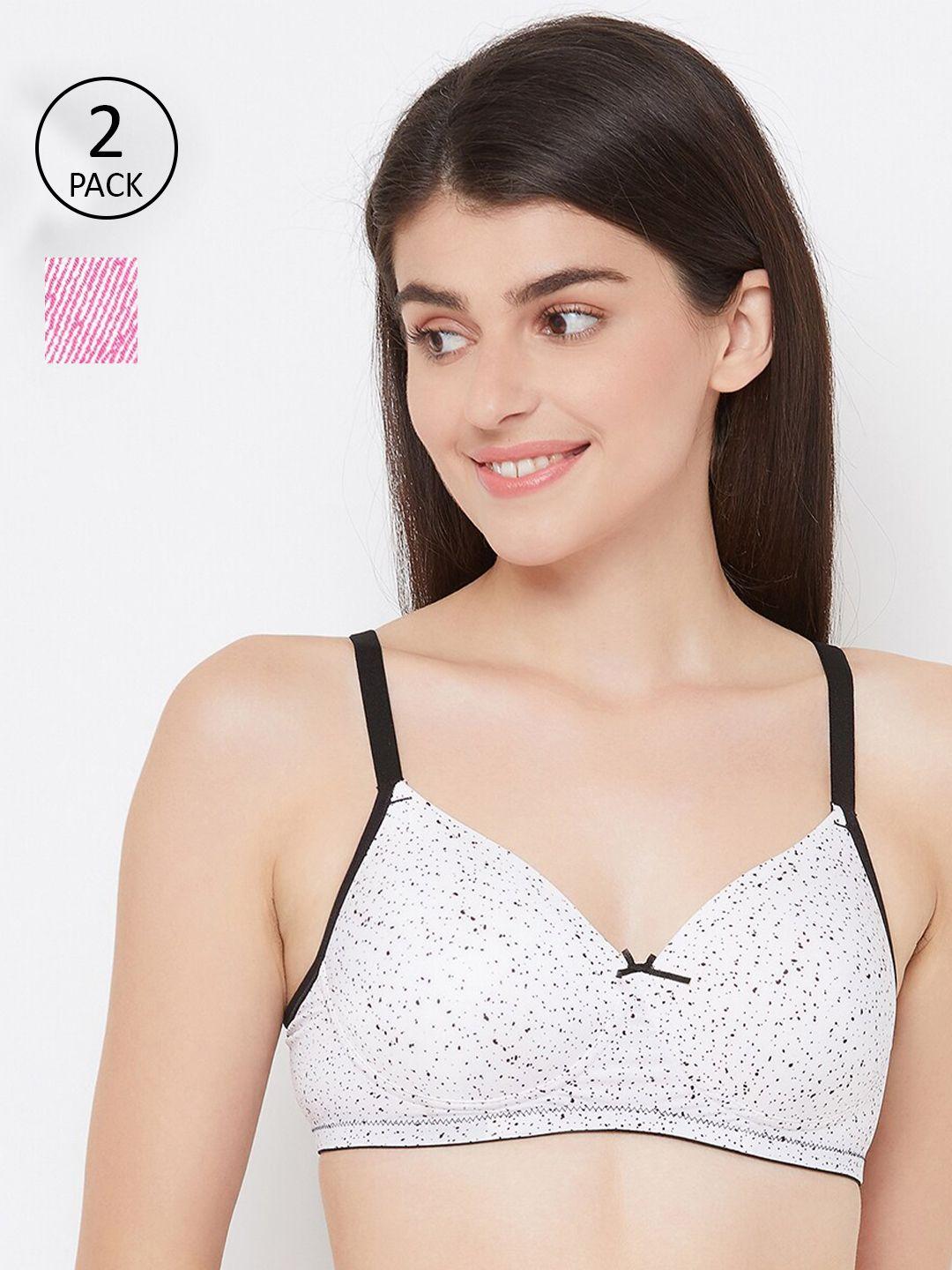 clovia pink & white pack of 2 printed lightly-padded full coverage t-shirt bra