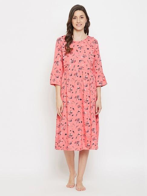 clovia pink cotton floral print night dress